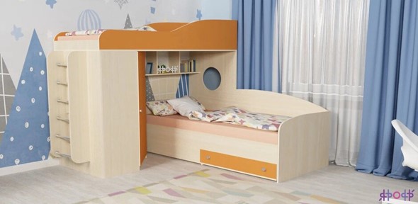 Детская кровать-чердак Кадет-2 с металлической лестницей, корпус Дуб, фасад Оранжевый в Артеме - изображение