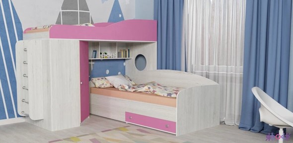 Кровать-чердак детская Кадет-2 с металлической лестницей, корпус Винтерберг, фасад Розовый в Артеме - изображение