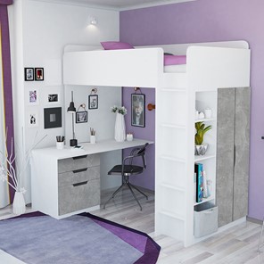 Кровать детская с письменным столом и шкафом POLINI Kids Simple Белый / Бетон в Уссурийске - предосмотр 1