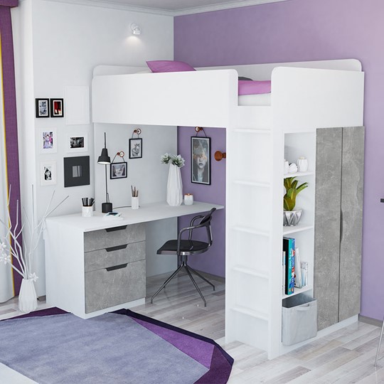 Кровать детская с письменным столом и шкафом POLINI Kids Simple Белый / Бетон в Находке - изображение 1