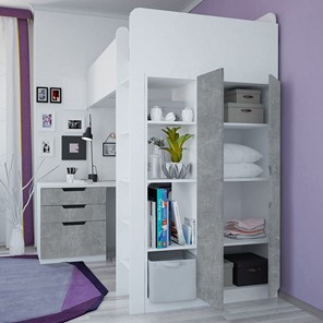 Кровать детская с письменным столом и шкафом POLINI Kids Simple Белый / Бетон во Владивостоке - предосмотр 2