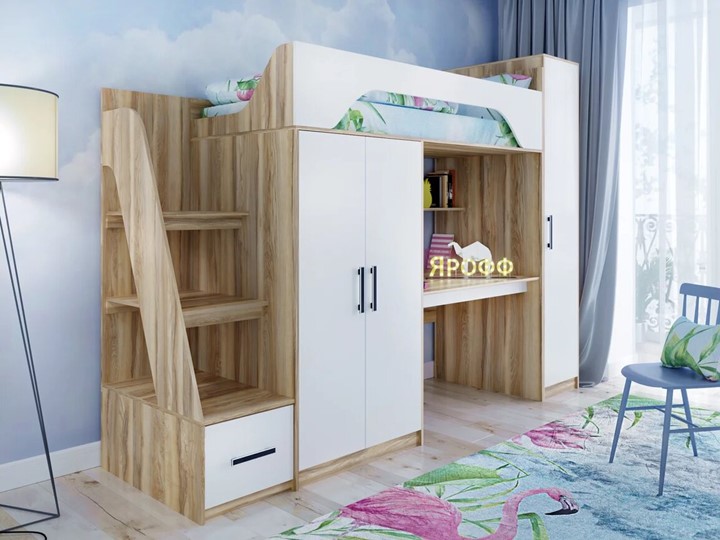 Кровать-чердак детская с шкафом Тея, каркас Ясень, фасад Белый в Артеме - изображение 1