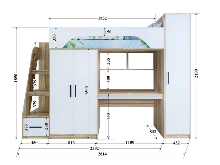 Кровать-чердак детская с шкафом Тея, каркас Ясень, фасад Белый в Артеме - изображение 2
