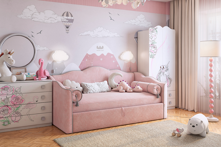 Детская кровать с подъемным механизмом Лея (Софа) 90х200 (нежно-розовый (велюр)/галька (велюр)) в Уссурийске - изображение 5