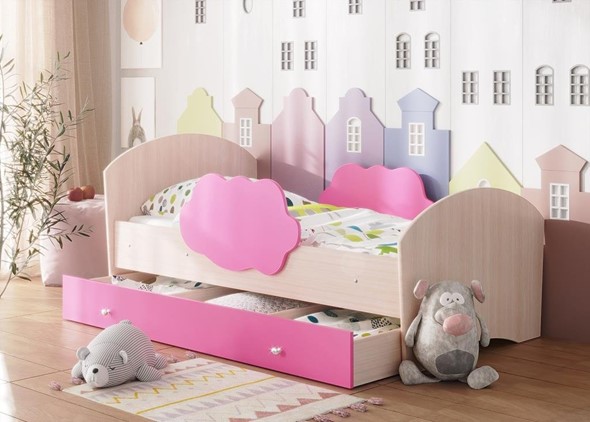 Кровать с бортиками Тучка с ящиком, корпус Дуб млечный, фасад Розовый во Владивостоке - изображение