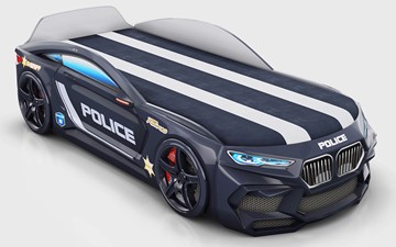 Кровать-машинка Romeo-М Police + подсветка фар, ящик, матрас, Черный во Владивостоке