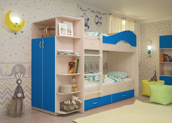 Детская 2-х ярусная кровать Мая на щитах со шкафом и ящиками, корпус Млечный дуб, фасад Синий в Уссурийске - изображение