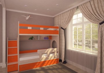 Двухэтажная кровать Юниор-1 с бортом, каркас Дуб, фасад Оранжевый в Артеме - предосмотр