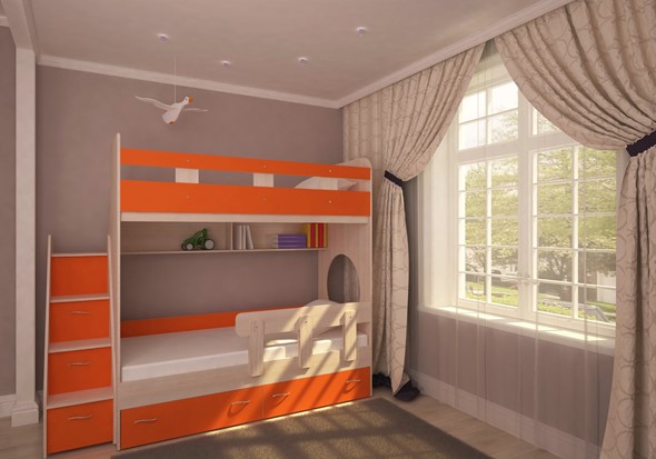 Двухэтажная кровать Юниор-1 с бортом, каркас Дуб, фасад Оранжевый в Артеме - изображение