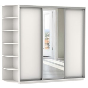 Шкаф 3-дверный Экспресс (ДСП/Зеркало/ДСП) со стеллажом, 2700х600х2400, белый снег в Артеме