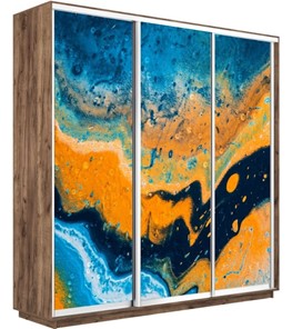 Шкаф 3-х створчатый Экспресс 2100х450х2200, Абстракция оранжево-голубая/дуб табачный во Владивостоке