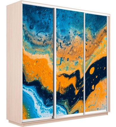 Шкаф 3-дверный Экспресс 2100х600х2200, Абстракция оранжево-голубая/дуб молочный во Владивостоке - изображение
