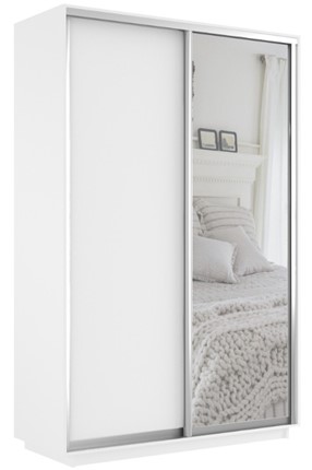 Шкаф 2-дверный Экспресс (ДСП/Зеркало) 1400х600х2400, белый снег в Уссурийске - изображение