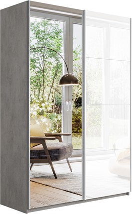 Шкаф 2-дверный Прайм (Зеркало/Белое стекло) 1400x570x2300, бетон в Артеме - изображение