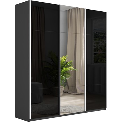 Шкаф 3-дверный Широкий Прайм (2 Стекла Черных / Зеркало) 2400x570x2300, Серый диамант во Владивостоке - изображение