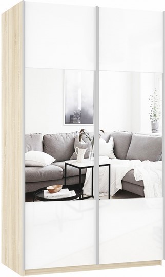 Шкаф 2-дверный Прайм (Зеркало/Белое стекло) 1400x570x2300, дуб сонома в Артеме - изображение 2
