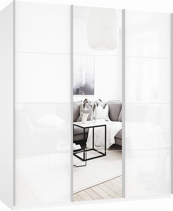 Шкаф-купе трехстворчатый Прайм (Белое стекло/Зеркало/Белое стекло) 2100x570x2300, белый снег во Владивостоке - изображение