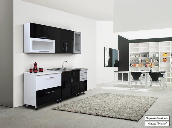 Кухонный гарнитур Мыло 224 2000х718, цвет Черный/Белый металлик в Находке - изображение