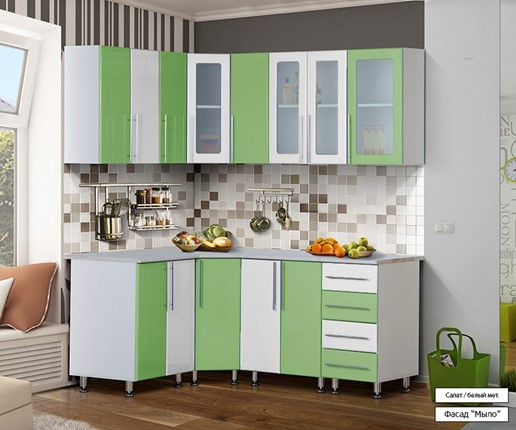 Угловая кухня Мыло 224 1800х1400, цвет Салат/Белый металлик в Артеме - изображение