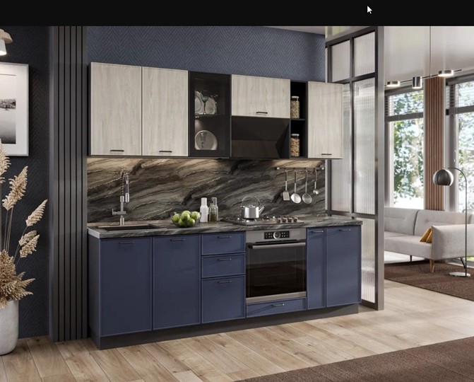 Кухонный гарнитур 2400 Индиго, Черный/Дуб мадейра топаз/Темно-синий во Владивостоке - изображение