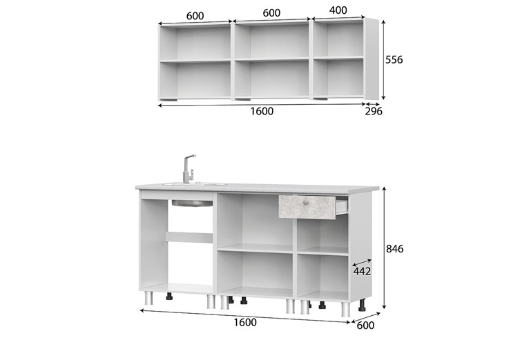 Кухонный гарнитур КГ-1 1600, белый/белый/цемент светлый/антарес в Находке - изображение 2