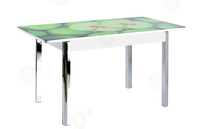 Кухонный стол раздвижной Айсберг-02 СТФ, белое лдсп/зеленые яблоки/ноги хром квадратные во Владивостоке - изображение 3