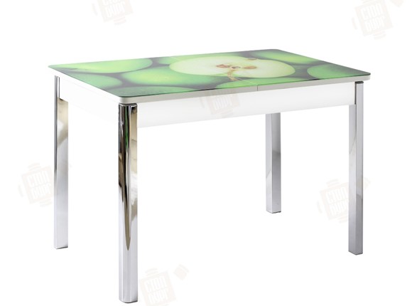 Кухонный стол раздвижной Айсберг-02 СТФ, белое лдсп/зеленые яблоки/ноги хром квадратные во Владивостоке - изображение