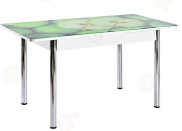 Кухонный стол раскладной Айсберг-02 СТФ, белое лдсп/зеленые яблоки/ноги хром прямые в Находке