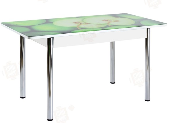 Кухонный стол раскладной Айсберг-02 СТФ, белое лдсп/зеленые яблоки/ноги хром прямые в Уссурийске - изображение