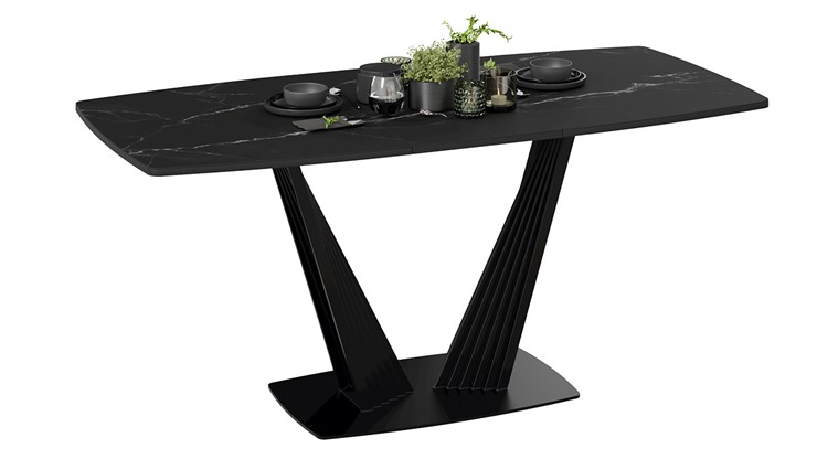 Кухонный раздвижной стол Фабио тип 1 (Черный муар, Стекло матовое черный мрамор) в Уссурийске - изображение 1