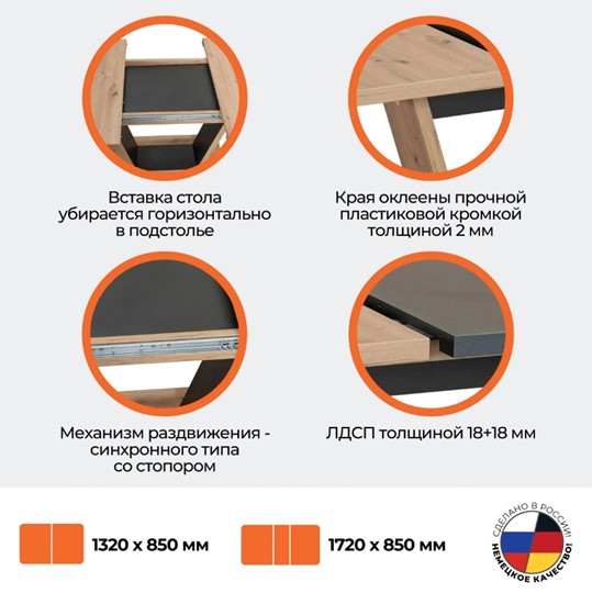 Кухонный стол раздвижной VOX ЛДСП, 132-172x85x75,5 Дуб артисан/Графит арт.19124 во Владивостоке - изображение 14