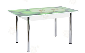 Обеденный раздвижной стол Айсберг-01 СТФ, белый/фотопечать зеленые яблоки/ноги хром круглые в Находке