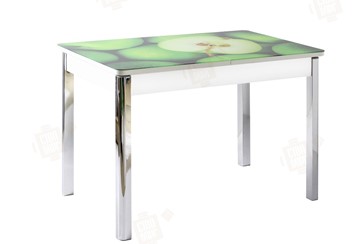 Кухонный стол раздвижной Айсберг-01 СТФ, белый/фотопечать зеленые яблоки/ноги хром квадратные в Артеме