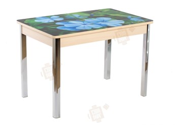 Кухонный стол раздвижной Айсберг-01 СТФ, дуб/фотопечать фиалка/ноги хром квадратные в Артеме