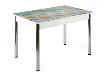 Кухонный стол раскладной Айсберг-01 СТФ, дуб/фотопечать ромашки/ноги хром прямые круглые в Артеме