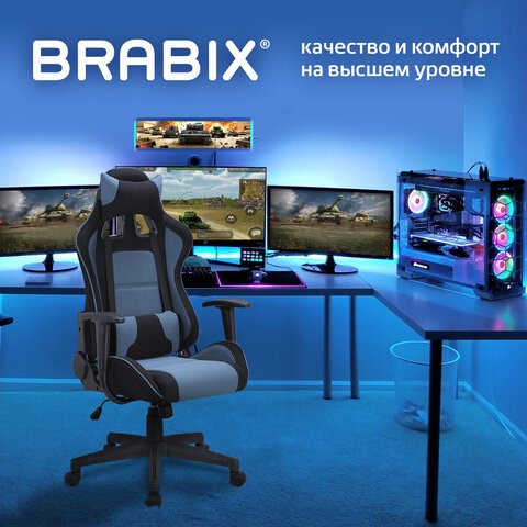 Компьютерное кресло Brabix GT Racer GM-100 (две подушки, ткань, черное/голубое) 531818 в Артеме - изображение 7