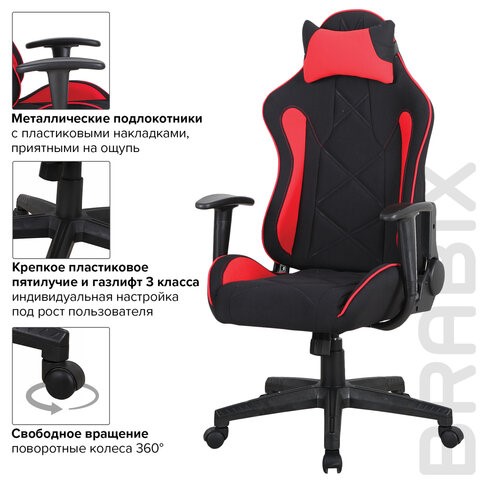 Кресло компьютерное Brabix GT Racer GM-100 (подушка, ткань, черное/красное) 531820 в Артеме - изображение 12