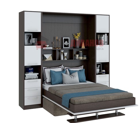Кровать-шкаф с диваном Бела 1, с полкой ножкой, 1600х2000, венге/белый в Артеме - изображение