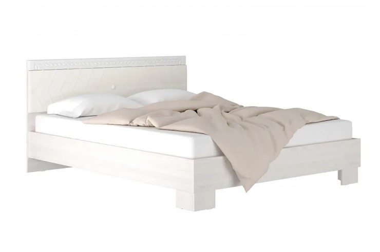 Кровать в спальню Гертруда, М8, 160х200 Экокожа с пуговицами без основания, белая лиственница/ясень жемчужный во Владивостоке - изображение 1