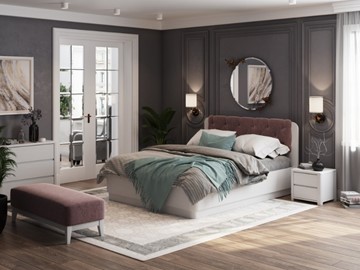 Кровать с подъемным механизмом Wood Home 1 160х200, Белая эмаль (сосна) с брашированием/Бентлей Нежно-лиловый в Артеме