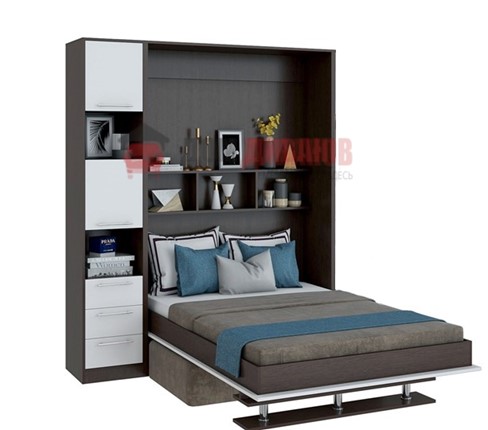 Кровать-шкаф с диваном Бела 1, с полкой ножкой с 1 пеналом, 1600х2000, венге/белый в Находке - изображение