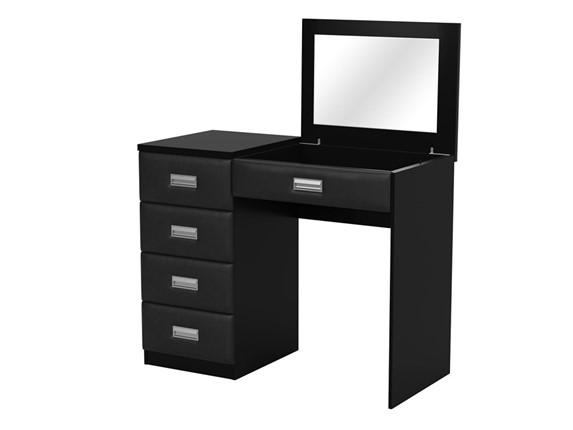 Косметический столик Como/Veda, с зеркалом, 4 ящика, левый, ЛДСП черный/экокожа черная в Находке - изображение