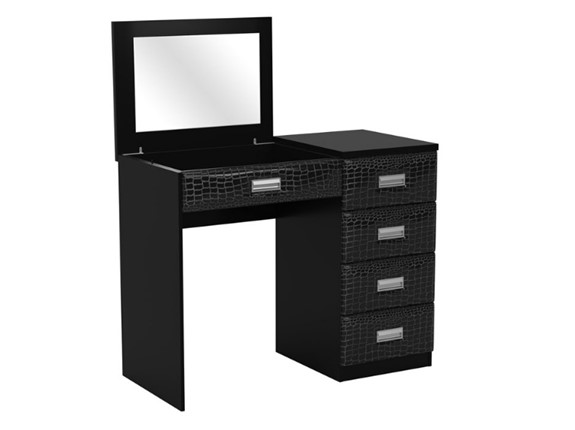 Столик косметический Como/Veda, с зеркалом, 4 ящика, правый, ЛДСП черный/Экокожа кайман черный во Владивостоке - изображение