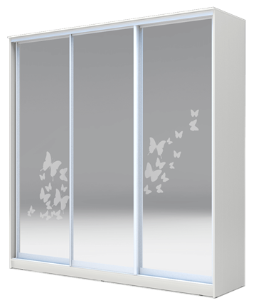 Шкаф 3-х дверный 2400х1770х620 три зеркала, Бабочки ХИТ 24-18/2-656-05 Белая Шагрень во Владивостоке - изображение