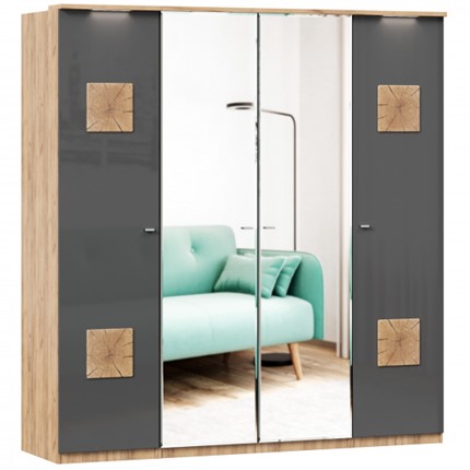 Шкаф 4х-дверный Фиджи с 2 зеркалами и декоративными накладками, Дуб золотой/Антрацит во Владивостоке - изображение