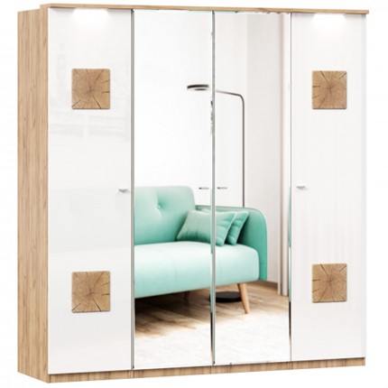4-створчатый шкаф Фиджи с 2 зеркалами и декоративными накладками, Дуб золотой/Белый во Владивостоке - изображение
