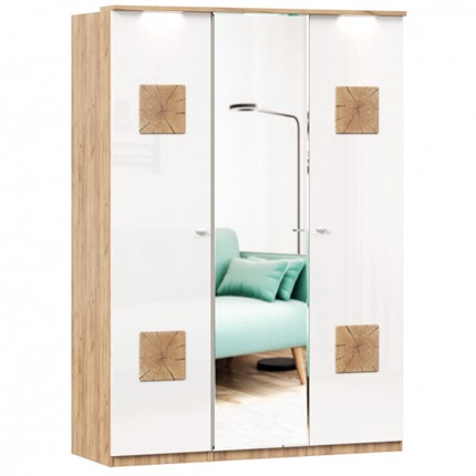 Шкаф 3-створчатый Фиджи с зеркалом и декоративными накладками, Дуб золотой/Белый во Владивостоке - изображение