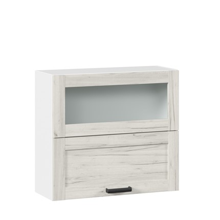 Кухонный навесной шкаф 800 горизонтальный с 2 складными дверями комбинированный со стеклом Винченца 234.980.000.046, Белый/Дуб Крафт белый во Владивостоке - изображение