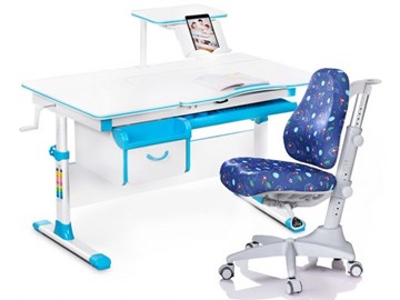 Комплект растущая парта + стул Mealux Mealux EVO Evo-40 BL (арт. Evo-40 BL + Y-528 F) / (стол+полка+кресло) / белая столешница / цвет пластика голубой в Уссурийске - предосмотр