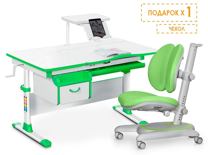 Комплект растущая парта + стул Mealux EVO Evo-40 Z (арт. Evo-40 Z + Y-115 KZ) / (стол+полка+кресло+чехол), белый, зеленый во Владивостоке - изображение 1